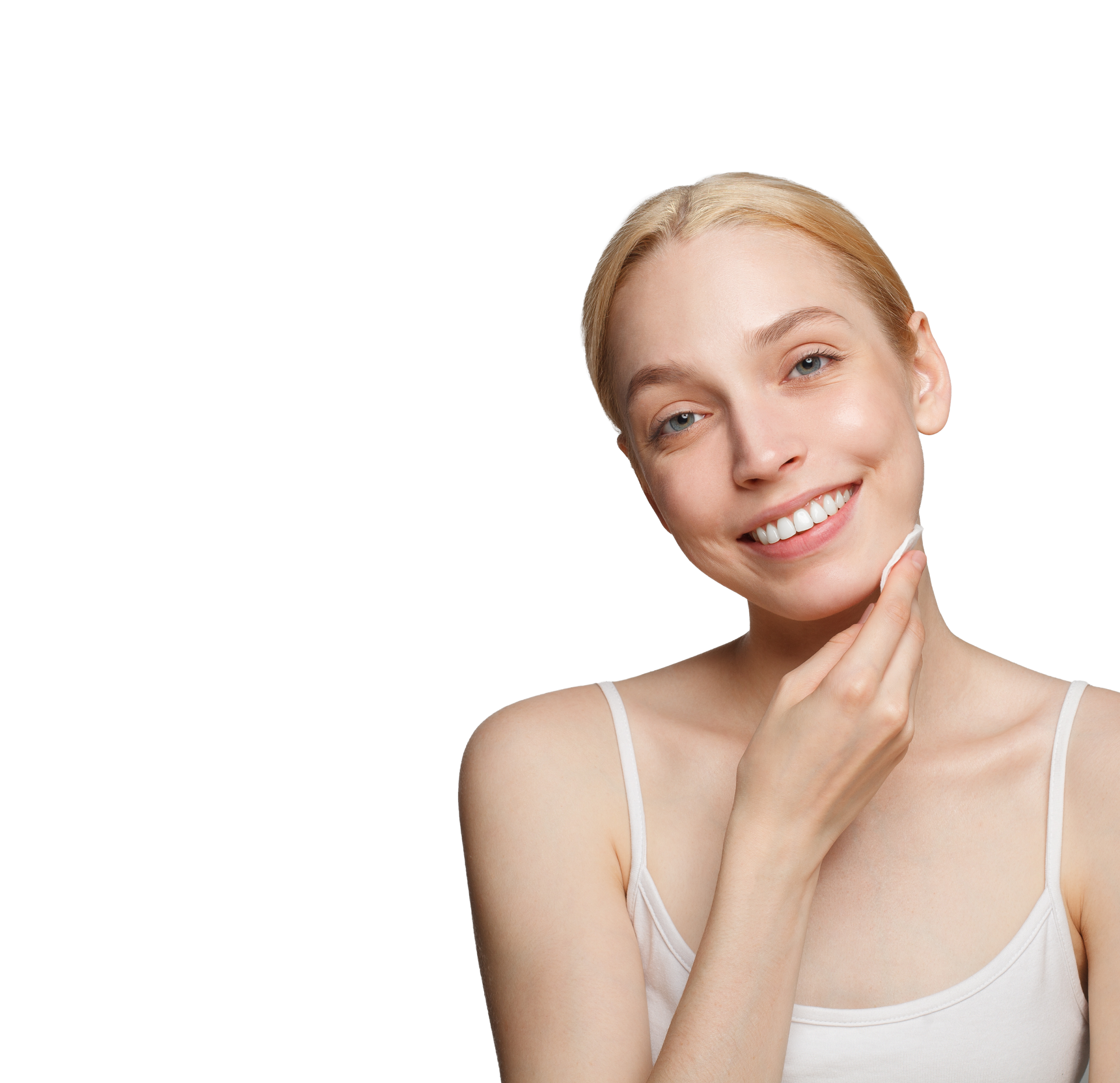 joyful-young-woman-removing-makeup-from-her-face-her-fresh-clean-facial-skin-white-background 1